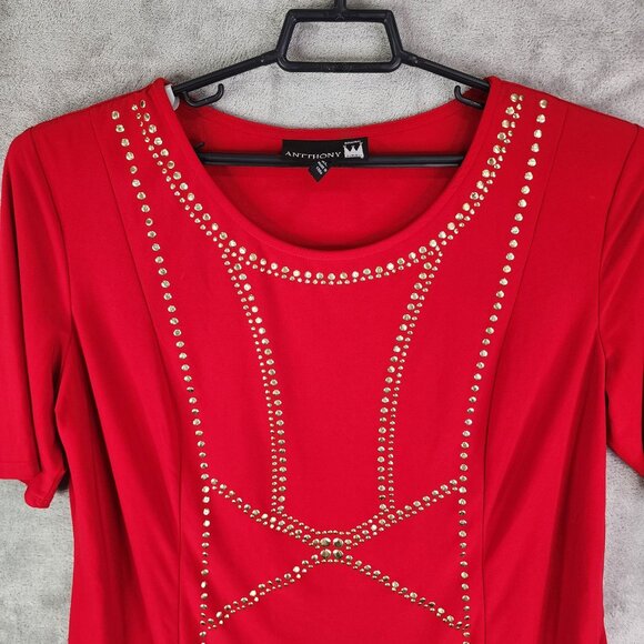 Women's Red Antthony Blouse Top Shirt Studded Short Sleeve Rround Neck Size XL - Picture 4 of 12